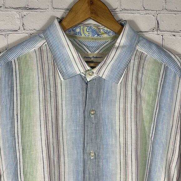 Tommy Bahama Relax Linen Shirt Striped Long Sleeve Shirt size XXL Pink BLue - Picture 2 of 7